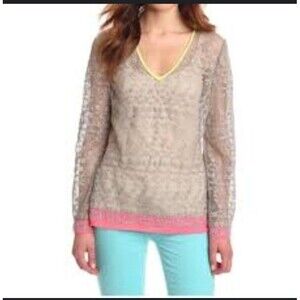 Elie Tahari Boho Lace Tunic Top Bell Sleeve V Neck Color Block Top Multi Sz S